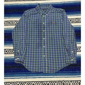 Ralph Lauren Youth Large 14-16 Blue Green Plaid Button Down Shirt Pony Logo